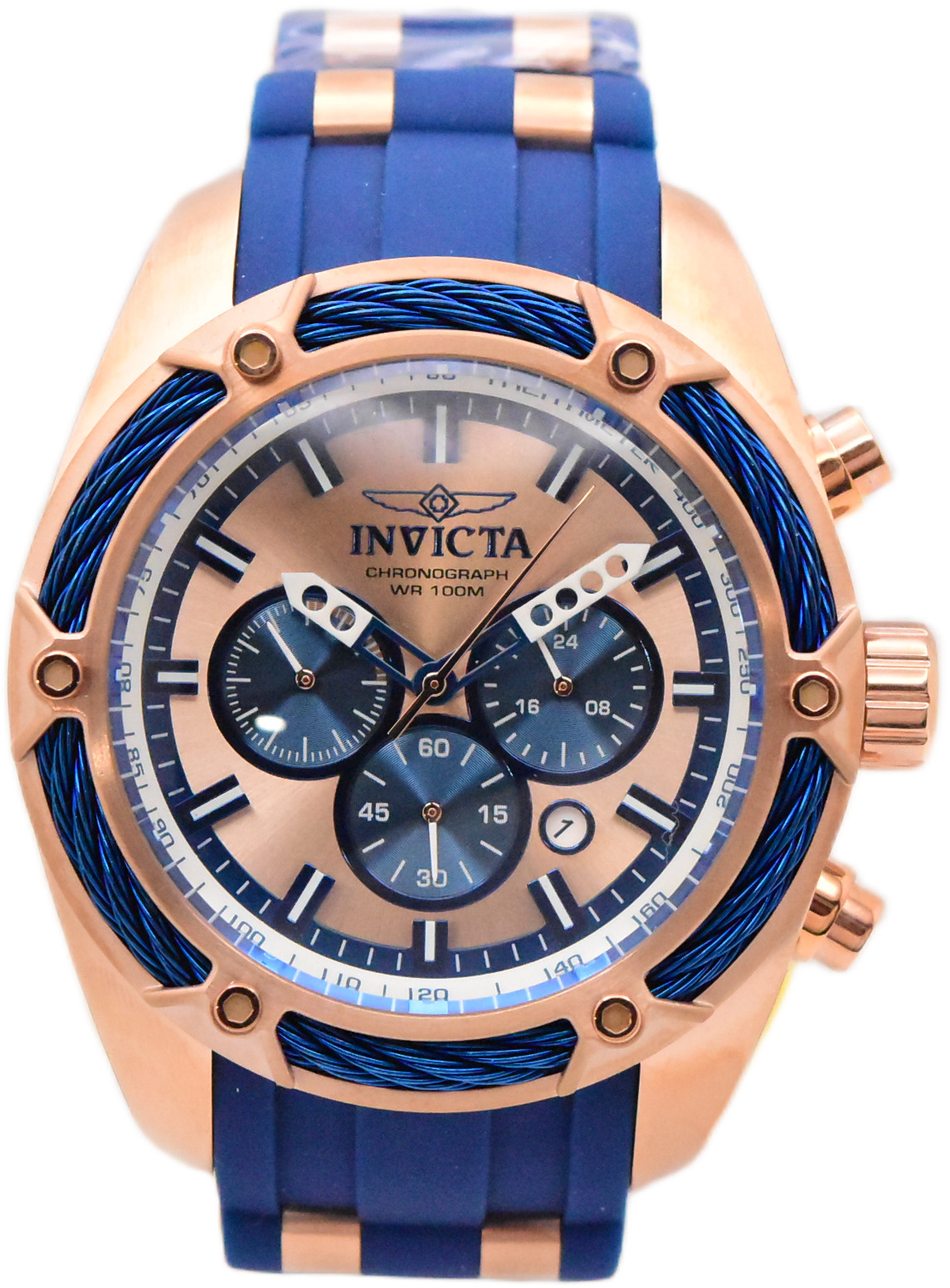 Invicta Bolt Men’s 52mm Rose Gold Blue Cable Silicone Chronograph Watch 31434
