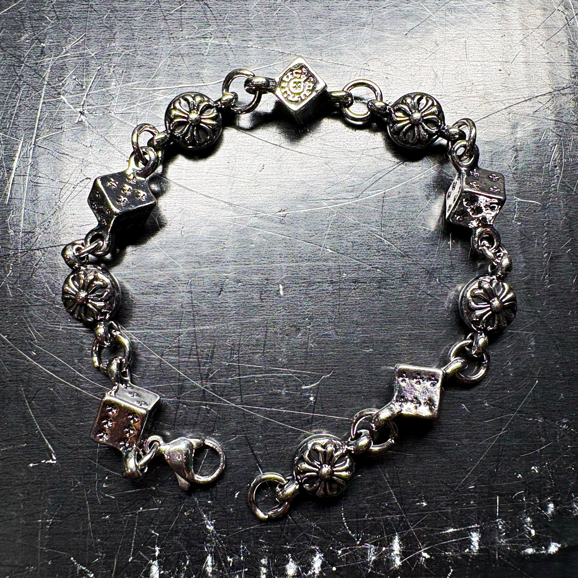 CH Style Y2 K Silver Charm Link Chain Bracelet Dangle Cube & Flower Charms