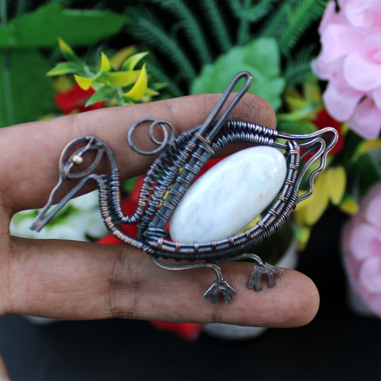 Rainbow Moonstone Jewelry Gift For Sister Copper Wire Wrapped Bird Pendant