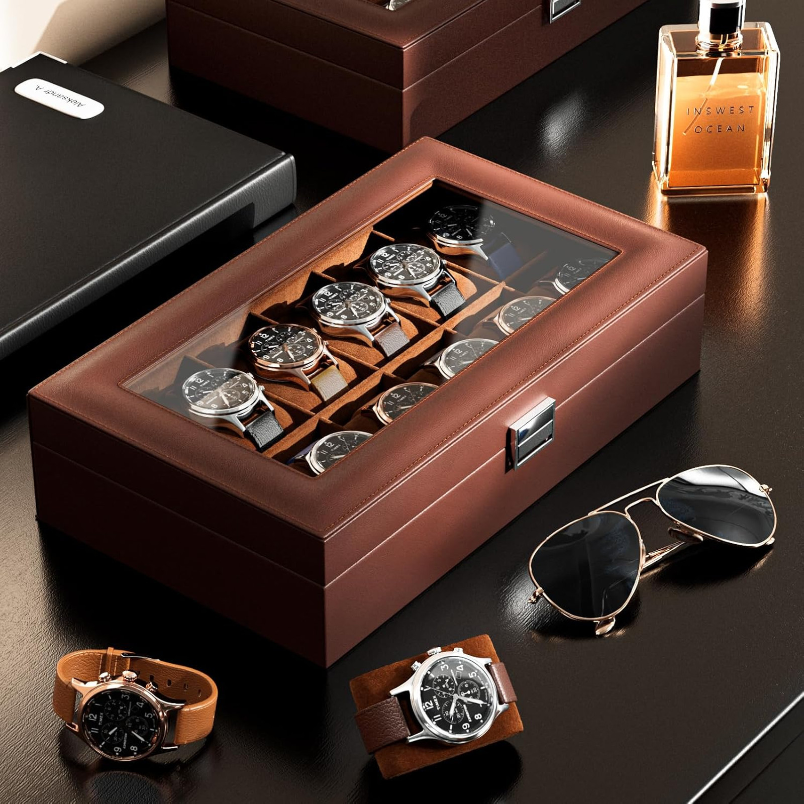 Watch Organizer Box with Glass Lid, 12 Slot Watch Display Case in Brown