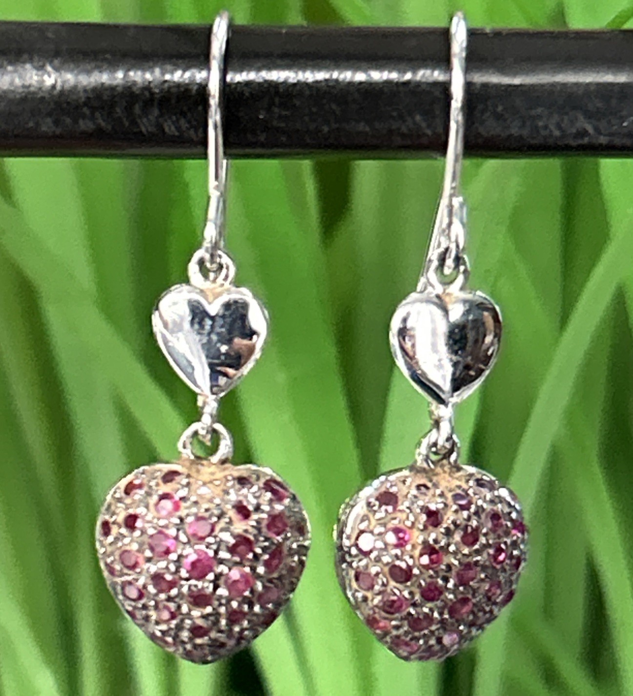 VTG OTC 925 Sterling Silver lab created Ruby Puffy Heart Pave Earrings 1.25” 4g