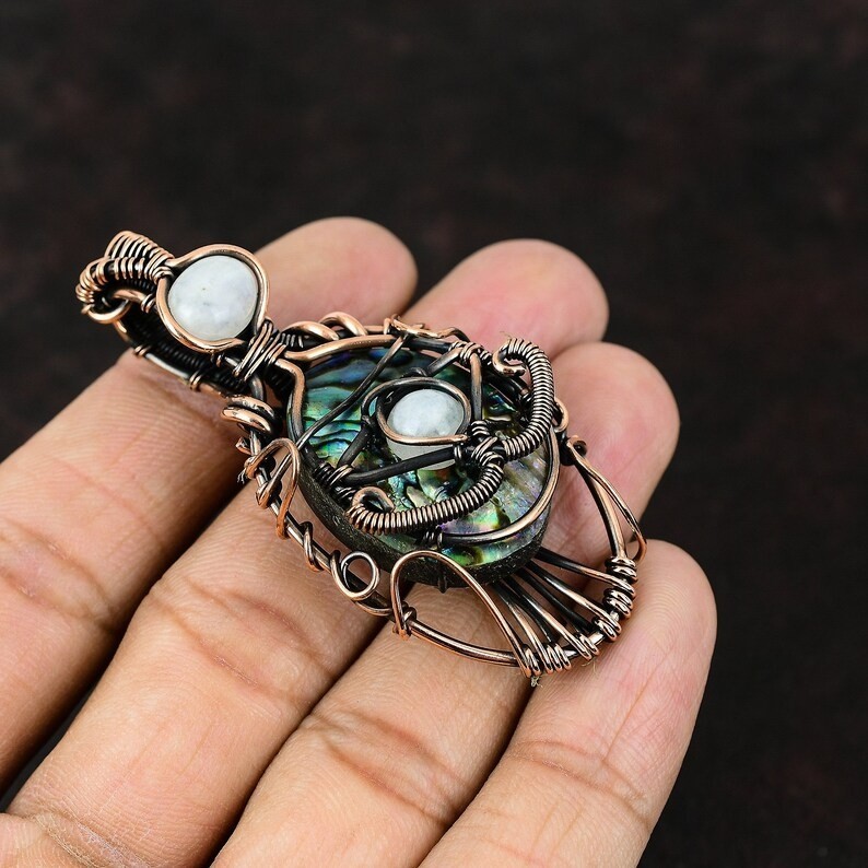 Handmade Evil Eye Copper Wire Wrapped Pendant, Abalone Shell & Moonstone