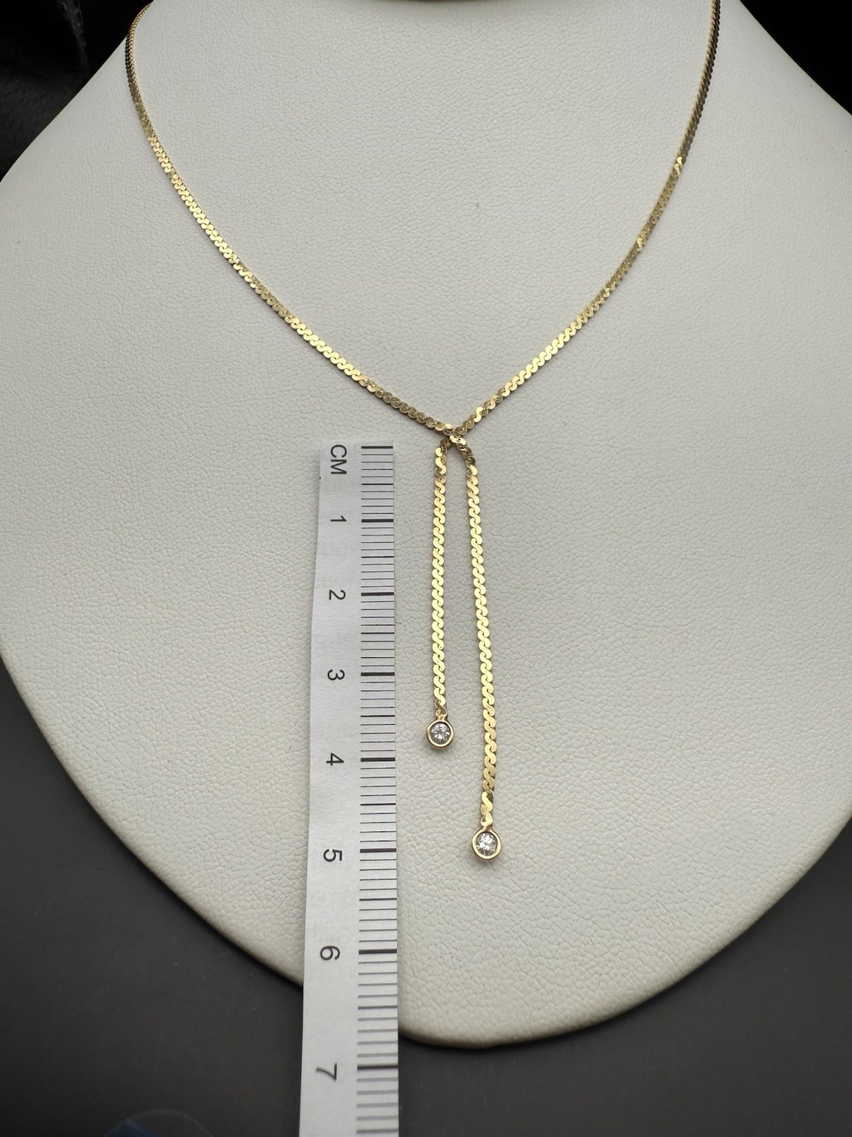 Vintage 14k Solid Yellow Gold Serpentine Lariat Necklace w/Diamonds 4.5g,18.5in