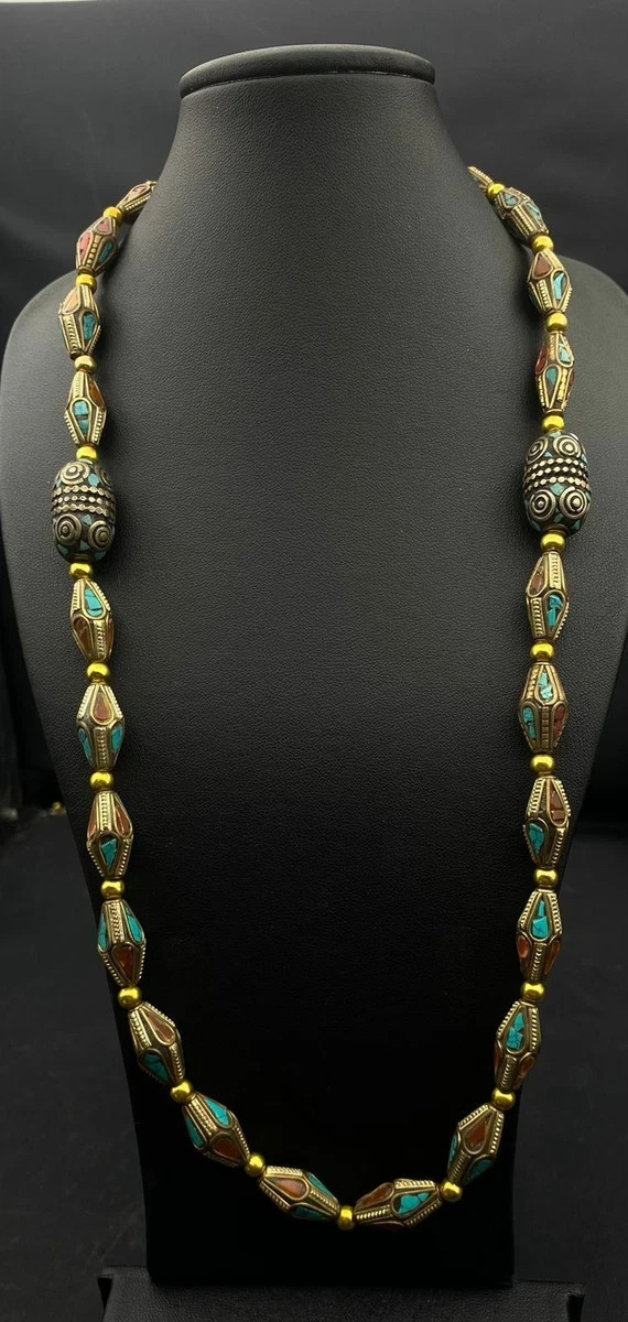 Vintage Tibetan Nepalese Turquoise Coral Inlay Beaded Necklace – Ethnic Brass