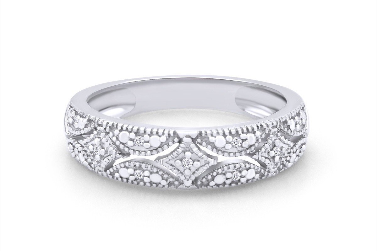 0.05 Ct Round Natural Diamond Wedding Band Ring In 14K White Gold Plated Silver
