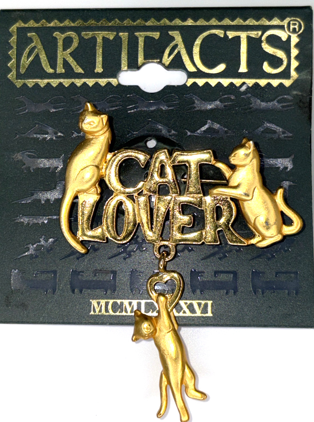 JJ Jonette Brooch Gold-one “Cat Lover” 3 Cats Hanging Cat Charm Vintage 1986 NOS