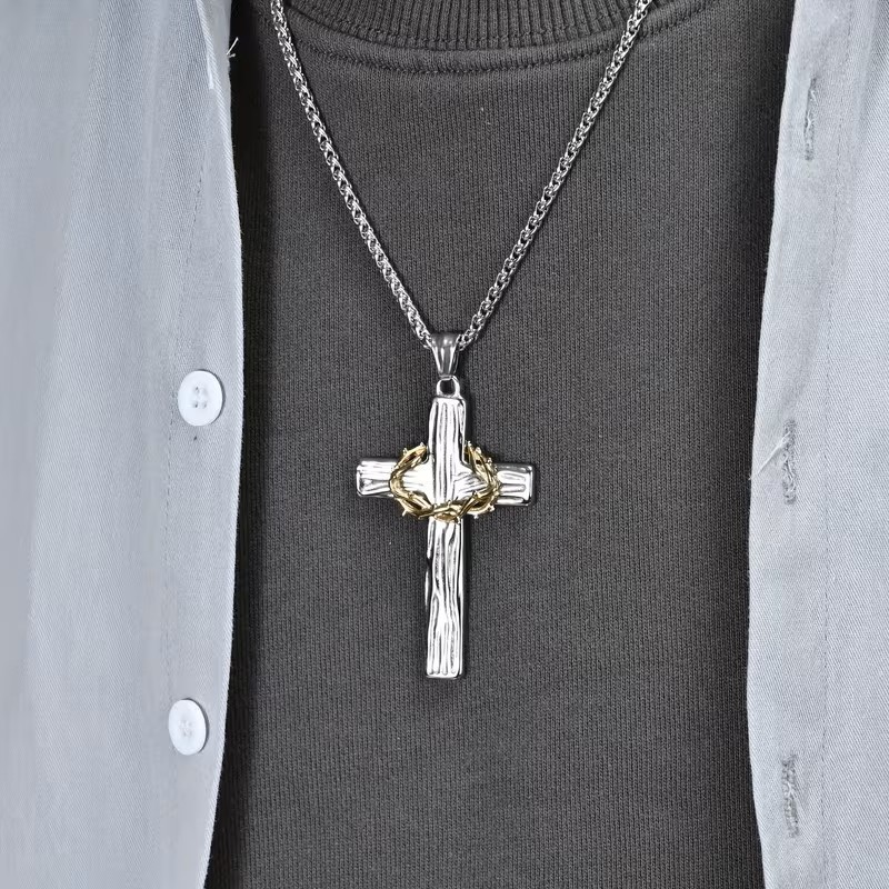 Silver Christian Cross Necklace Crown of Thorns Pendant Gift Jesus Mens