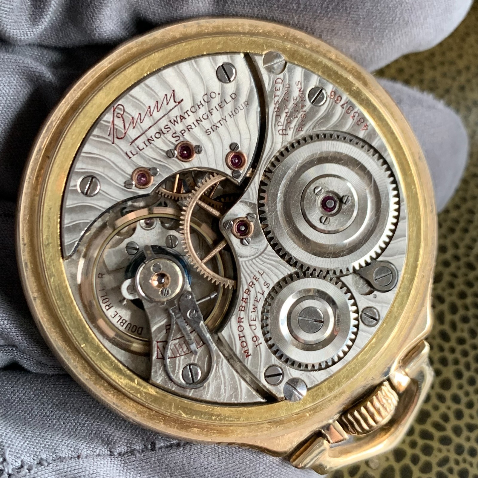 1926 Illinois Grade Bunn Type III 60hr. Sunray Damaskeening 16S 19J Pocket Watch