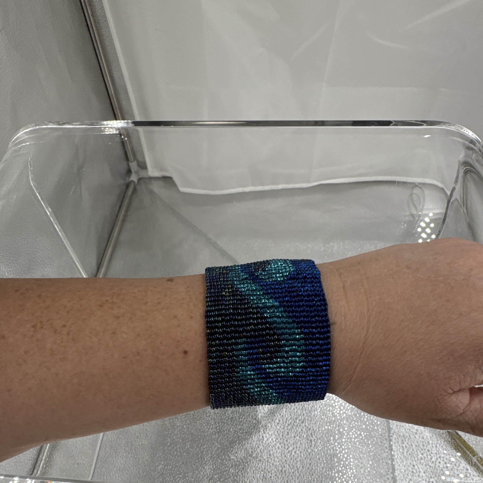 Handmade Beaded Cuff Bracelet Blue Black Teal Wave Design Glass Beads 7 in