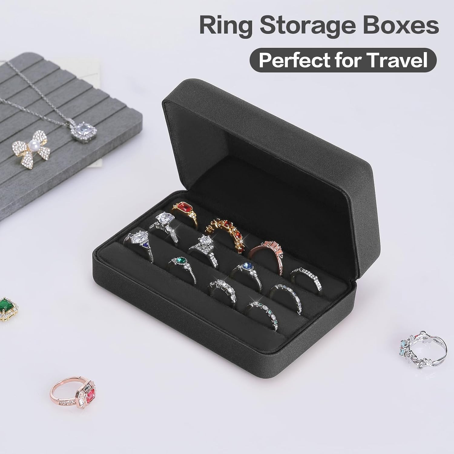 KUKUVR Velet Ring Storage Box, Travel Jewelry Case with 3 Slot Ring Display Orga
