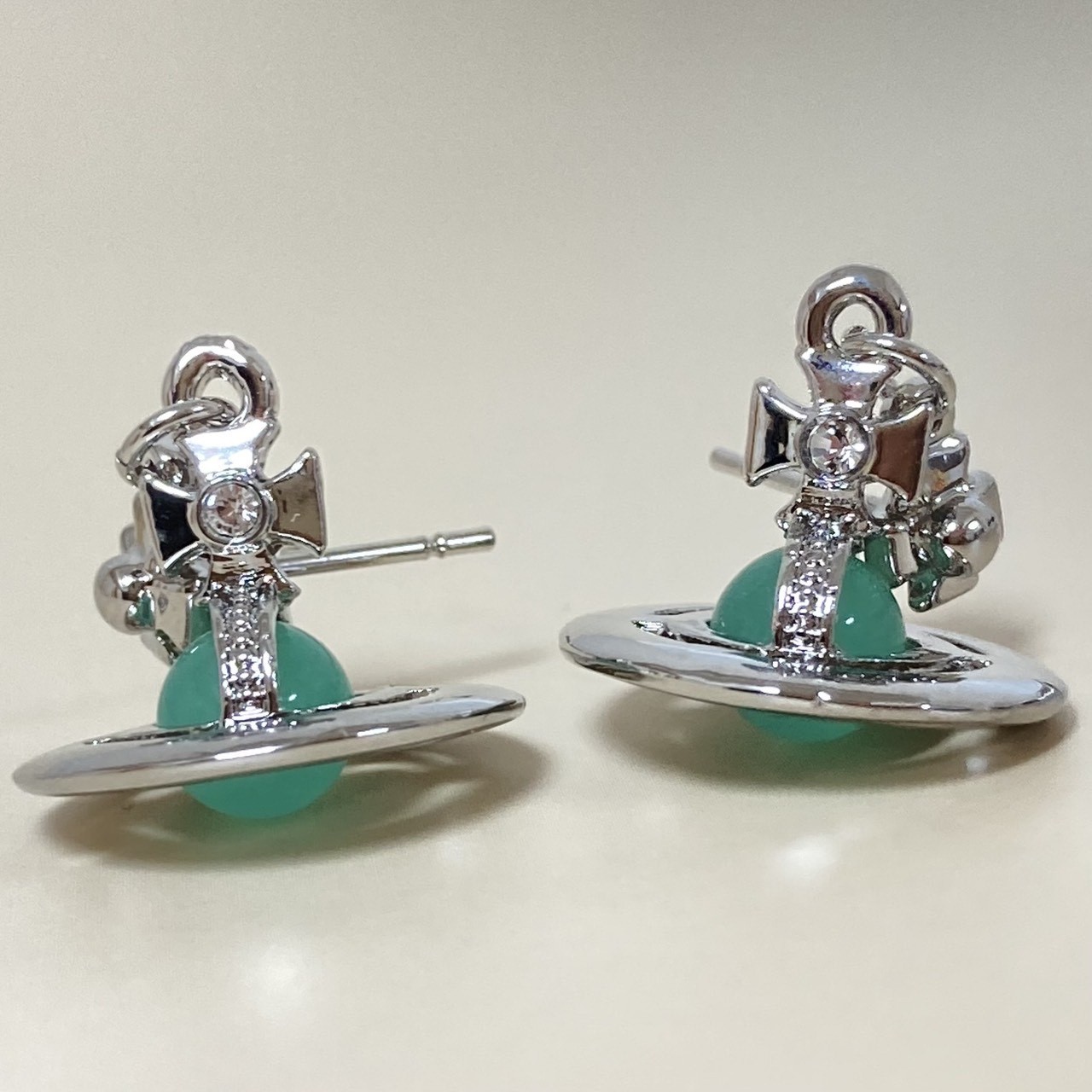 Vivienne Westwood Earrings Petite Orb Silver Light Green 2.5 x 1.4cm NO BOX