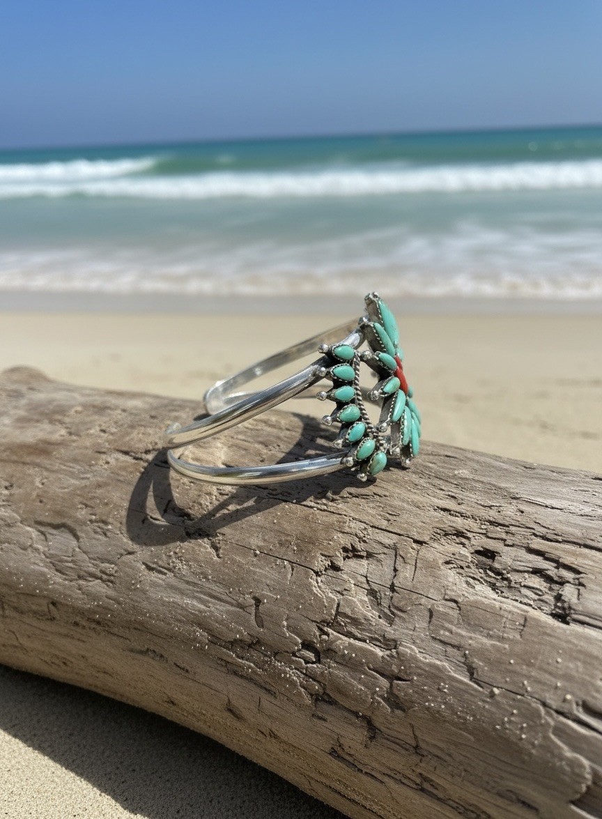 Zuni Sterling Silver Coral and Turquoise Needle + Petit Point Floral Cuff