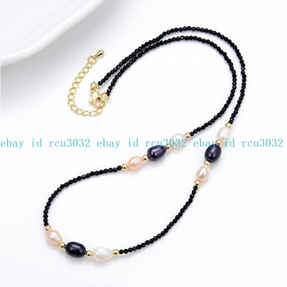 Faceted 3mm Round Black Spinel 8-9mm Natural Freshwater Pearl Pendant Necklace