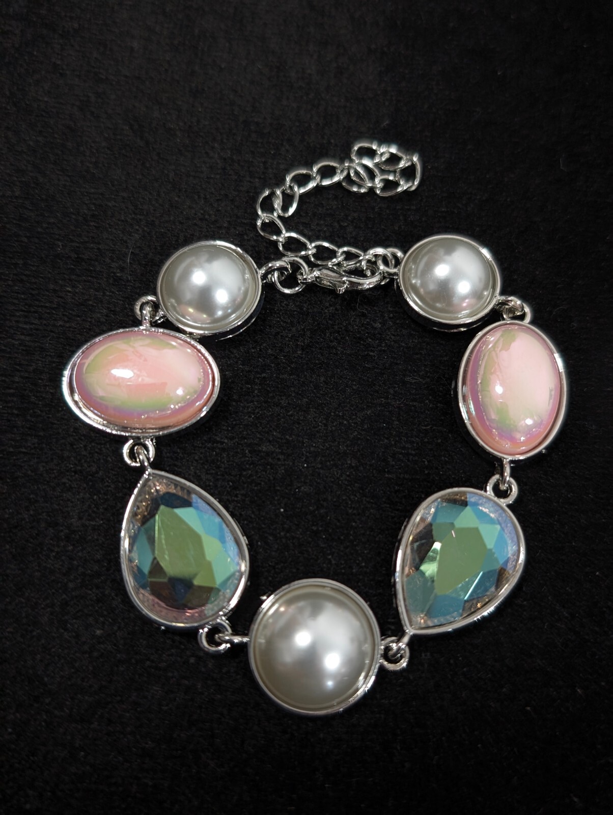 Silver Tone Pink Iridescent AB Crystal Faux Pearl Bezel Tennis Bracelet 9 in