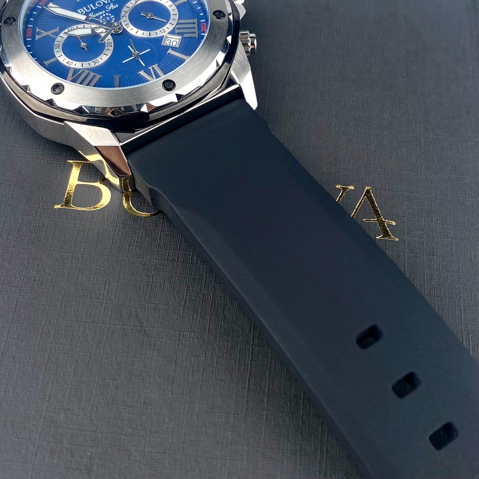 Bulova Marine Star 98B258 Quartz 44mm Blue Dial Black Rubber Strap Men’s Watch