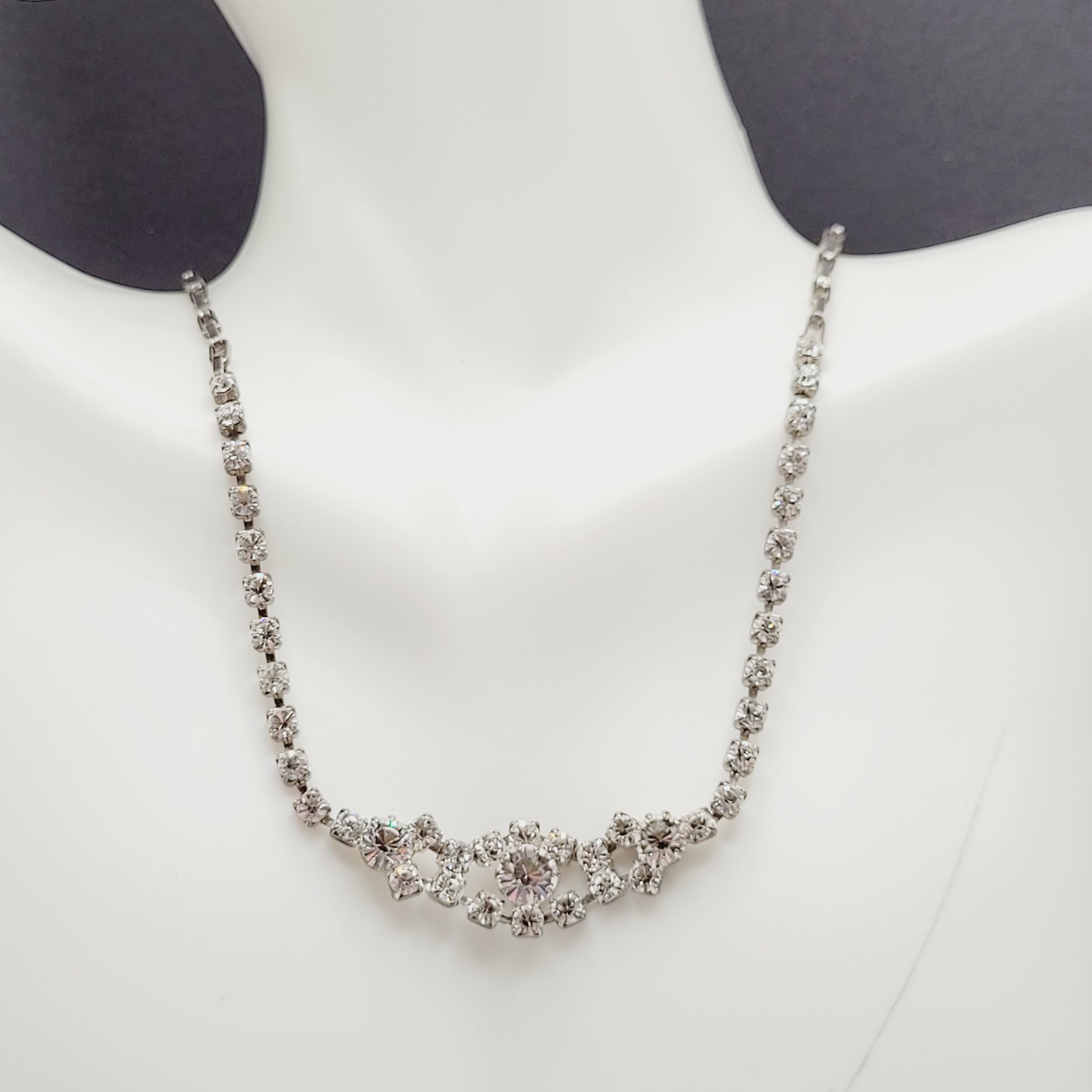 Dainty Rhinestone Choker Collar Art Deco Eye Part Chain Vintage Necklace 15 Inch