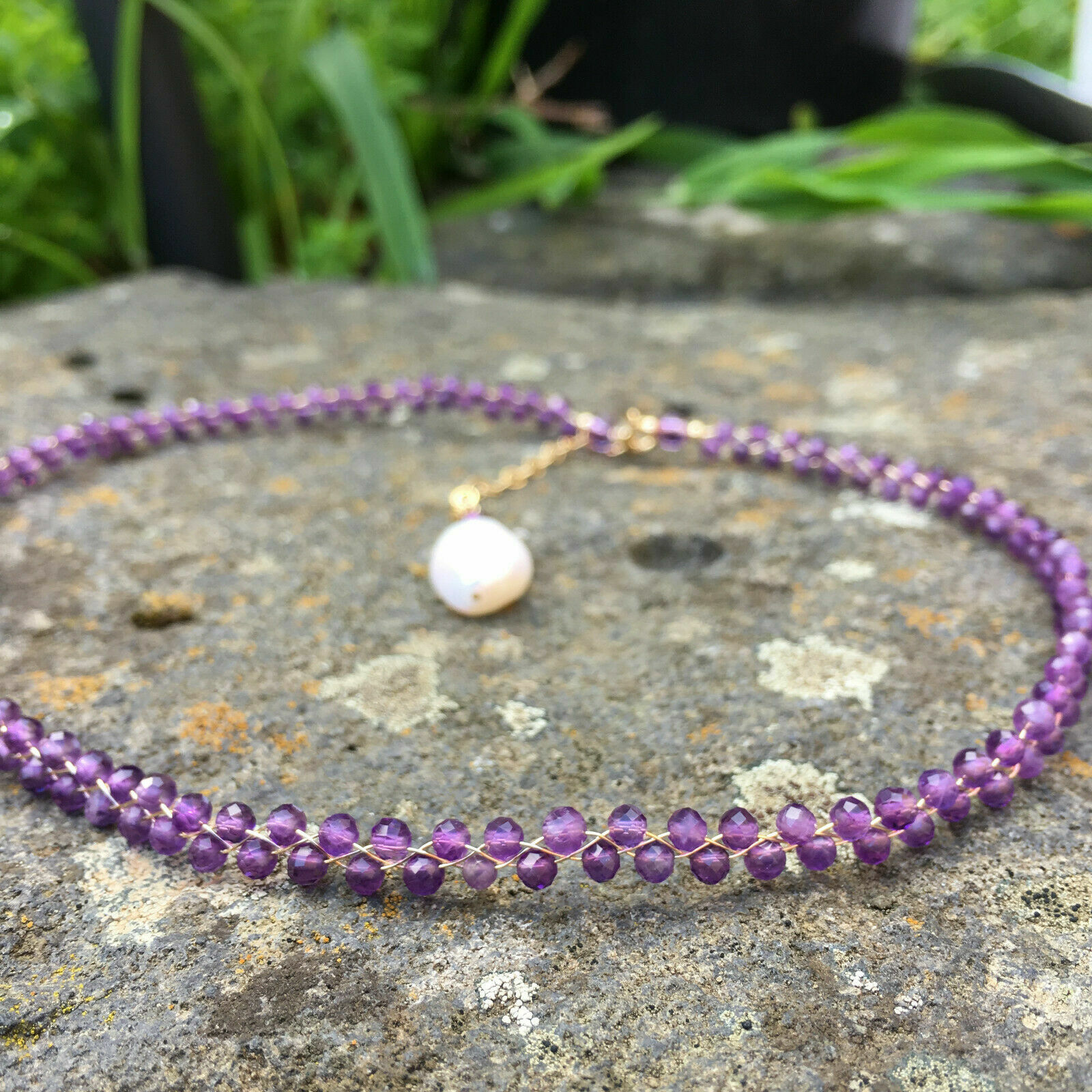 Natural Amethyst 35cm+5cm weave necklace choker W/9-10mm AAA+ pearl pendant #55