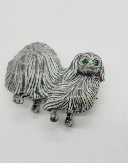 Shih Tzu Dog Brooch Pin Rhinestone GREEN Eyes signed Gerry’s Vintage