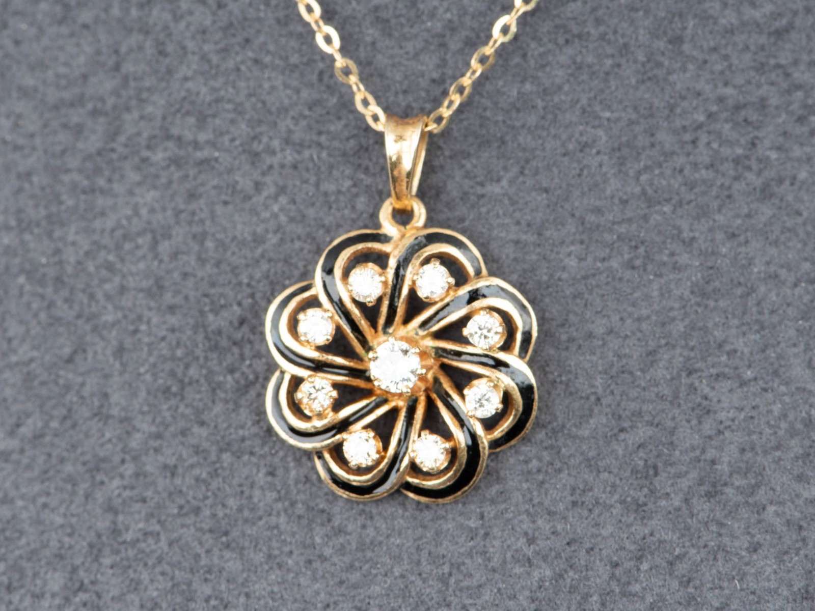 14K Gold Vintage Black Enamel Floral Shape Pendant with Diamonds 0.35ct V1253