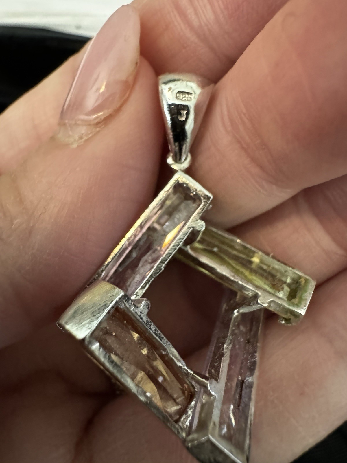 925 Sterling Silver Sparkly Pink Green Purple Baguette Rhinestones Pendant