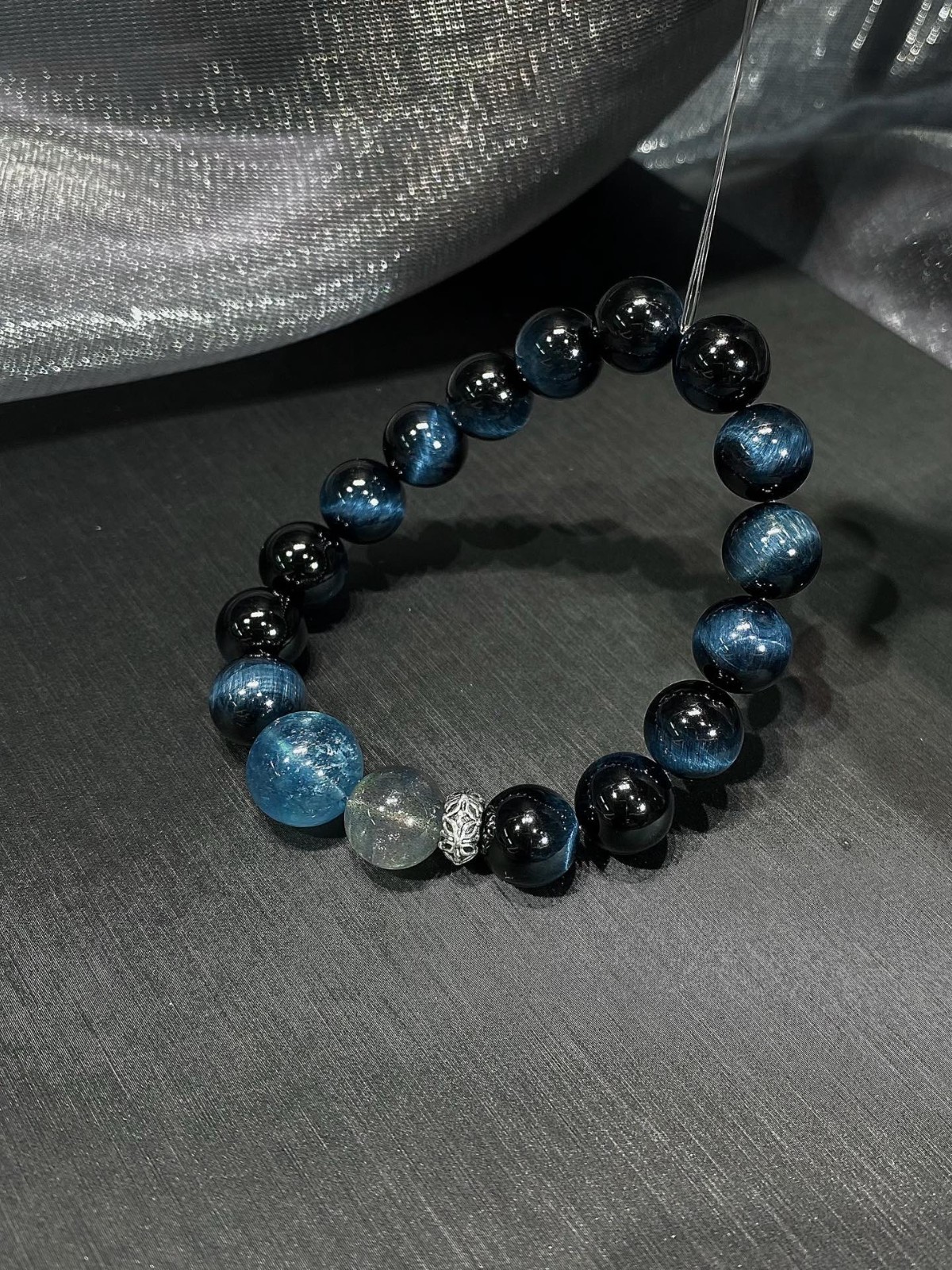 LUSA FEELA Natural Blue Tiger Eye Aquamarine Stretch Bracelet Gift Box