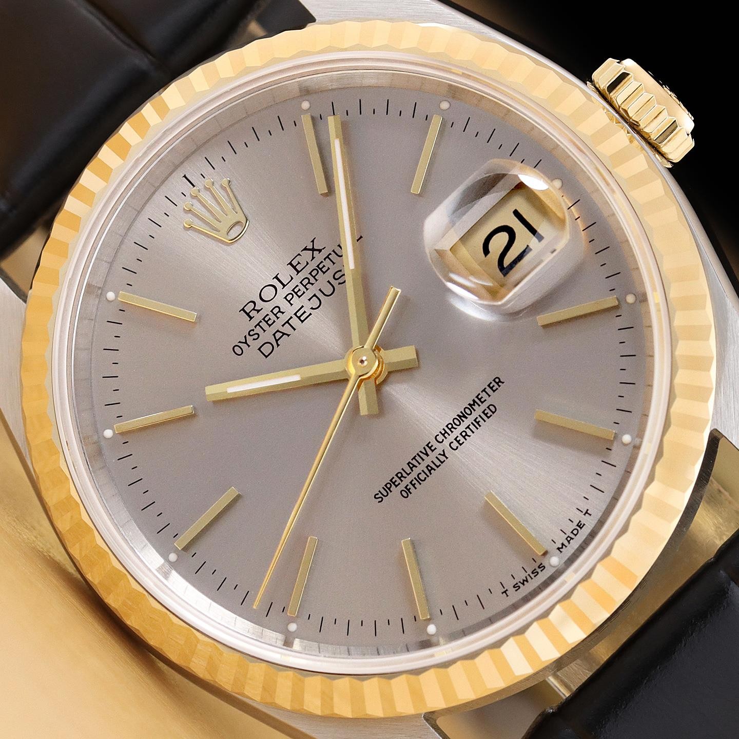 ROLEX MENS DATEJUST 16233 GRAY DIAL 18K YELLOW GOLD STEEL BLACK LEATHER WATCH