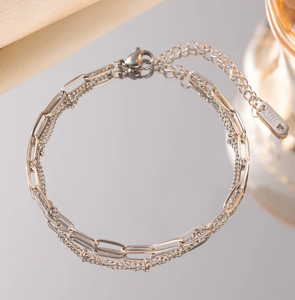 Double Layered Bracelet Stainless Steel Paperclip And Bead Chain Link Trendy