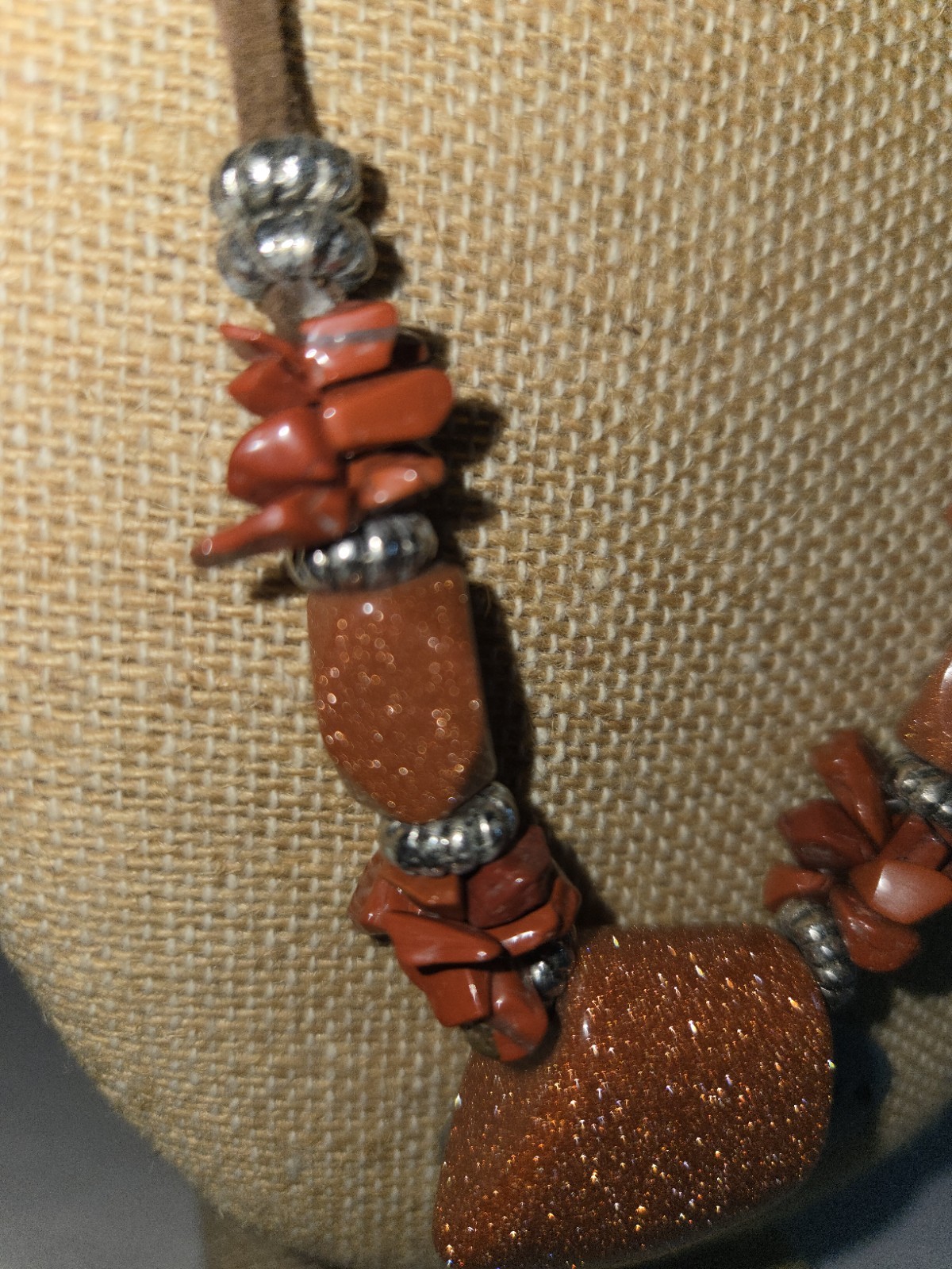 Owl Jewelry brown cord necklace sparkling goldstone pendants and Red Chip Stone