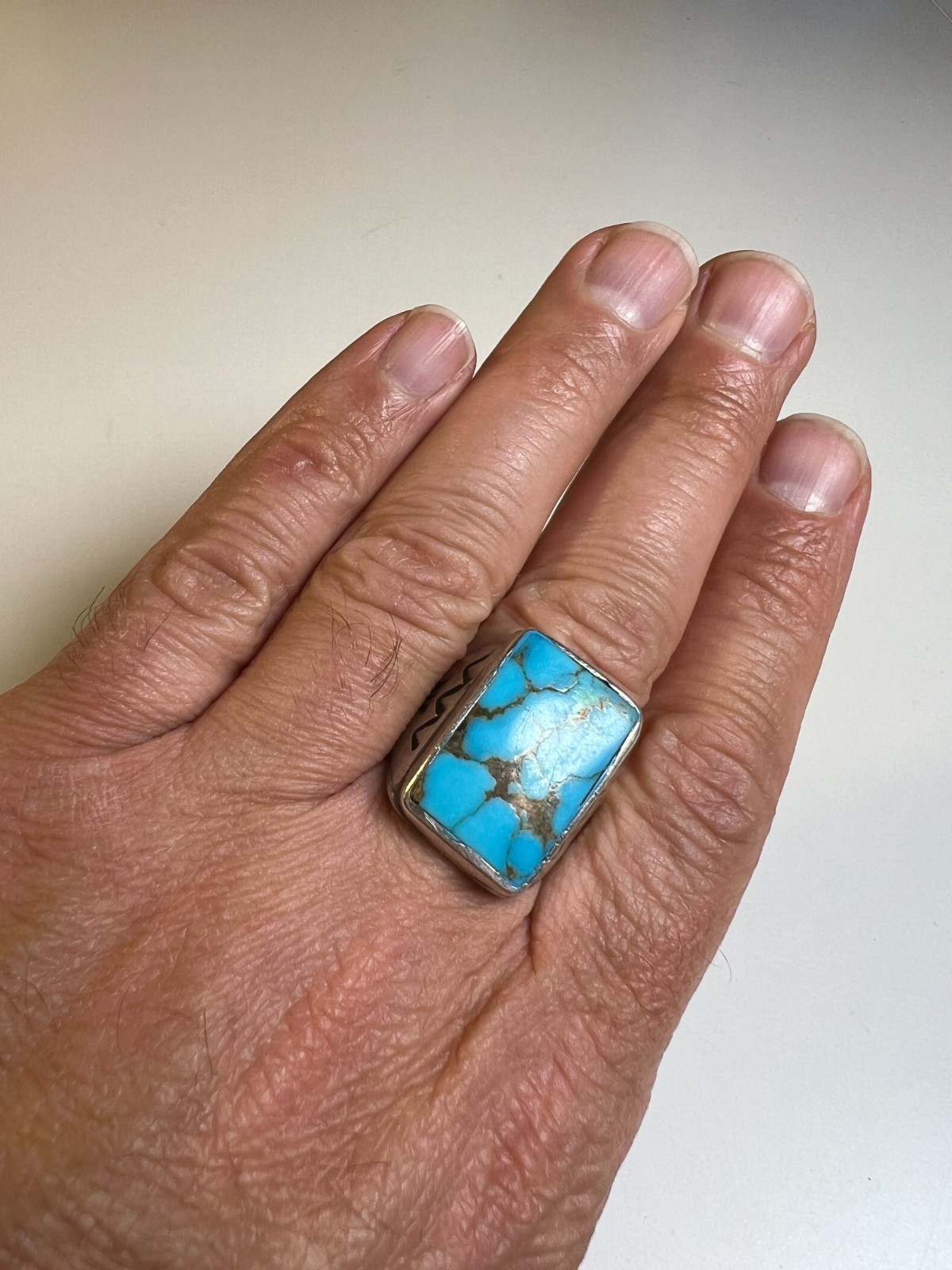 Vintage Navajo Sterling Silver & Large Rectangular Turquoise Cabochon Ring sz 11