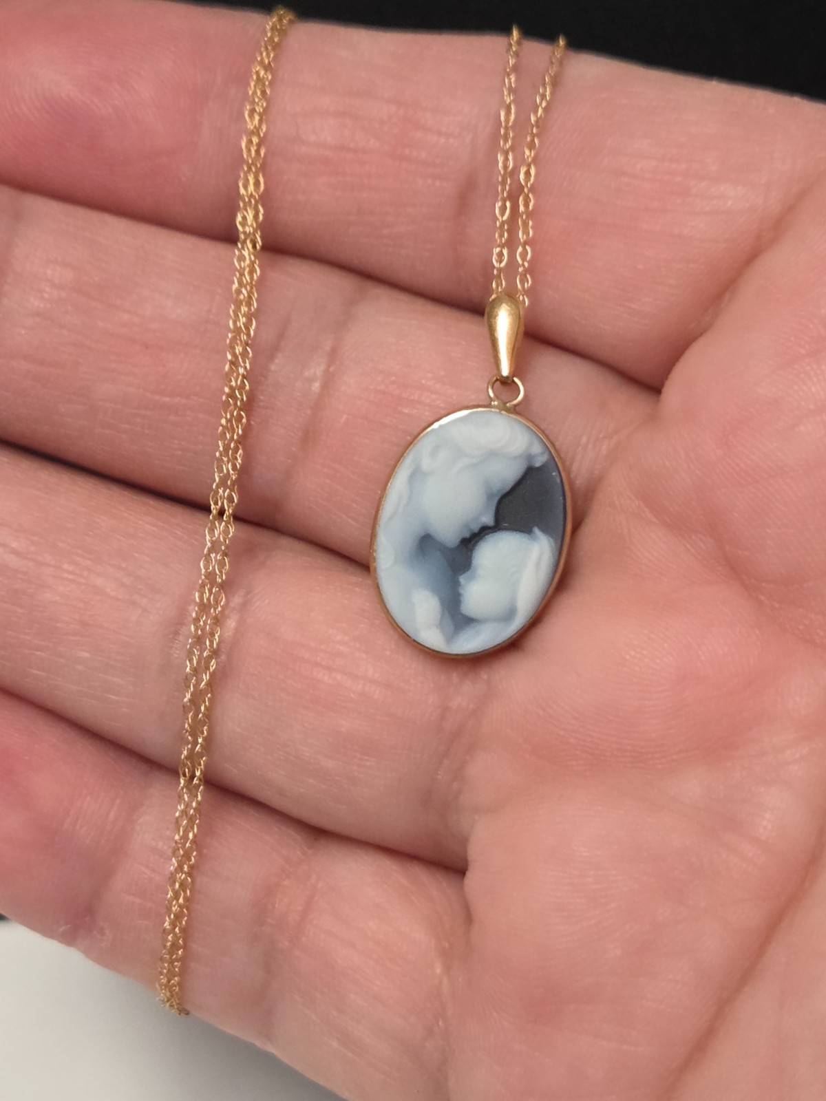 10k Gold Mother Child Blue Oval Cameo Pendant 18″ Necklace Heaven’s Gift Baby
