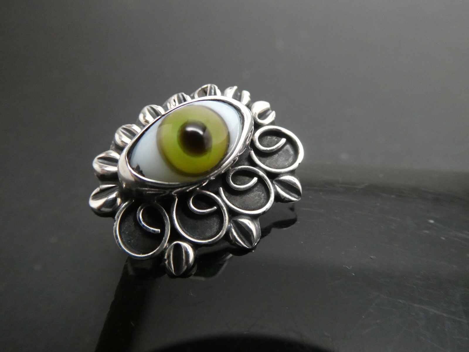 Green Evil EYE Sterling Silver 925 Taxco Mexico RING Adjustable Size 7 to 9
