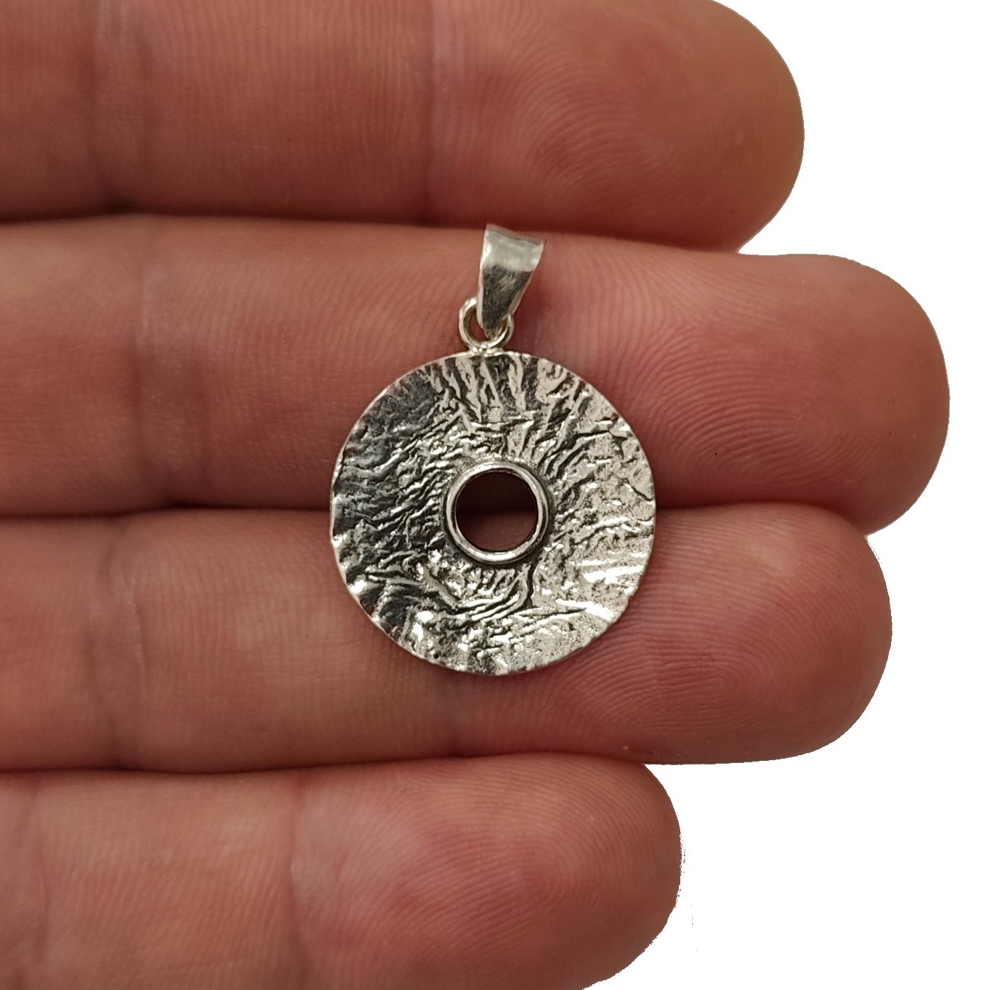 Sterling Silver Round Pendant 21mm Textured Solid 925 Nickel Free Handmade