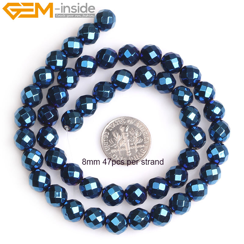 Round Blue Metallic Coated Hematite Faceted Stone Loose Beads Jewelry Making 15‘