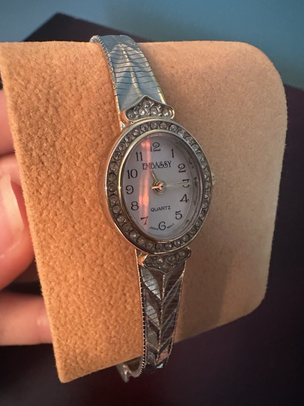 Embassy Women’s Quartz Analog Wristwatch Silver-Tone White Dial Gem-Set Bezel