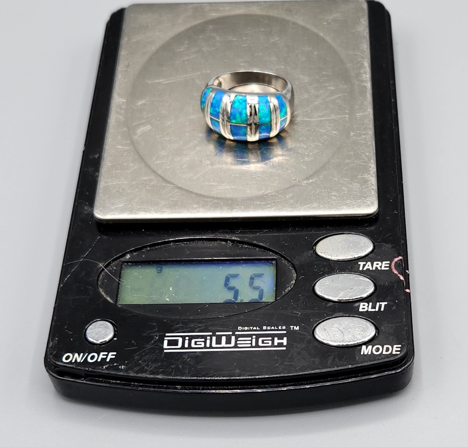 Sterling Silver Blue Lab Opal Inlay Domed Bezel Ring Size 8 5.5g