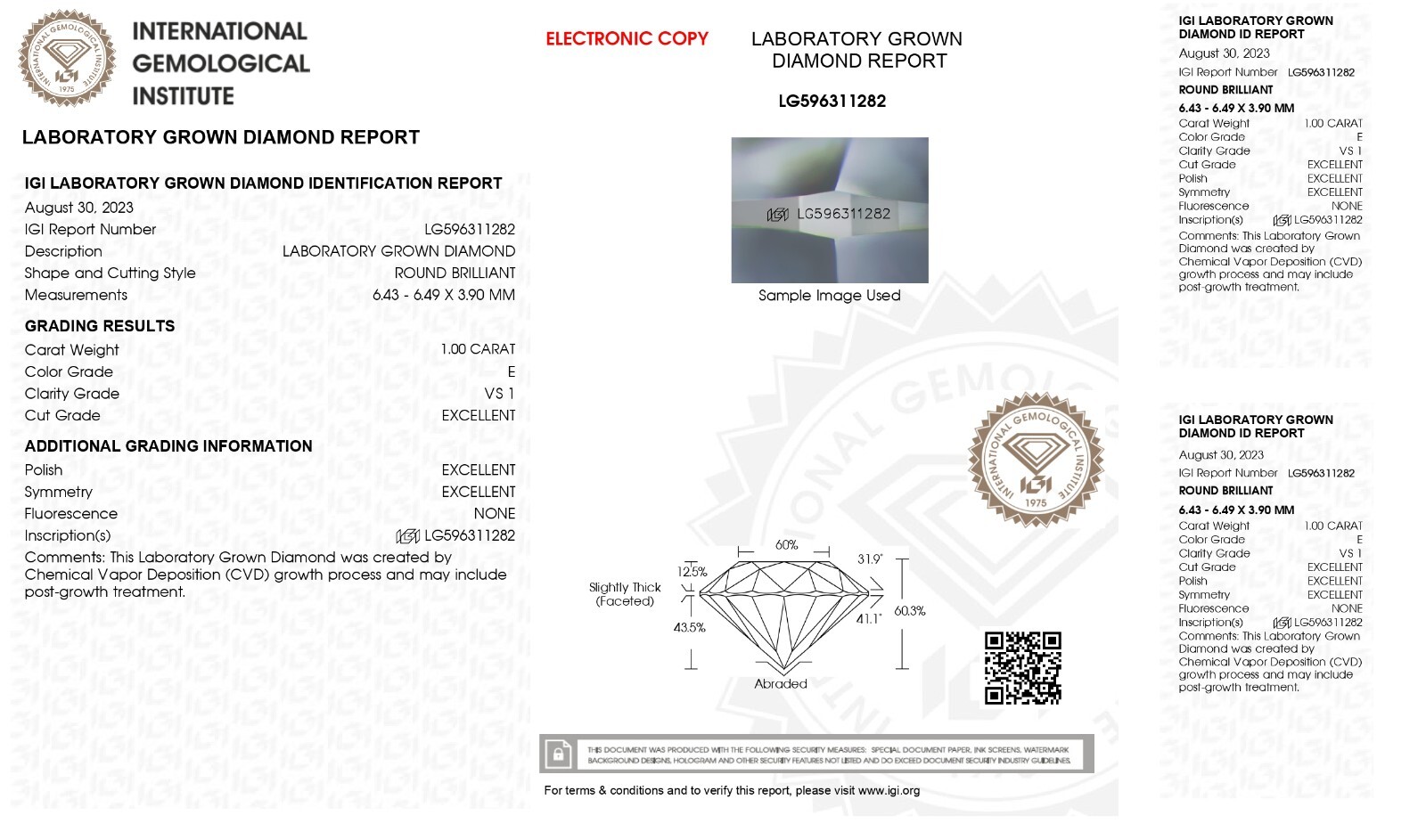 1 Cts ROUND Cut IGI Certified Lab Grown CVD Diamond E Color VS1 Clarity STONE