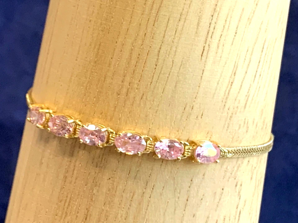 14K Yellow Gold Finish Oval Cut Simulated Pink Sapphire Women Chain Barcelet