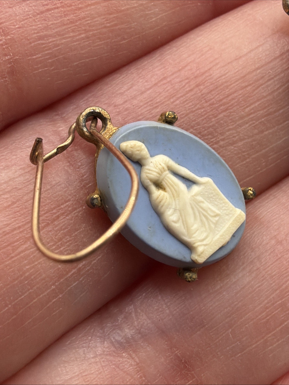 Light BLUE CAMEO EARRINGS Vintage Grecian Roman Woman Oval Hanging Wire Goldtone