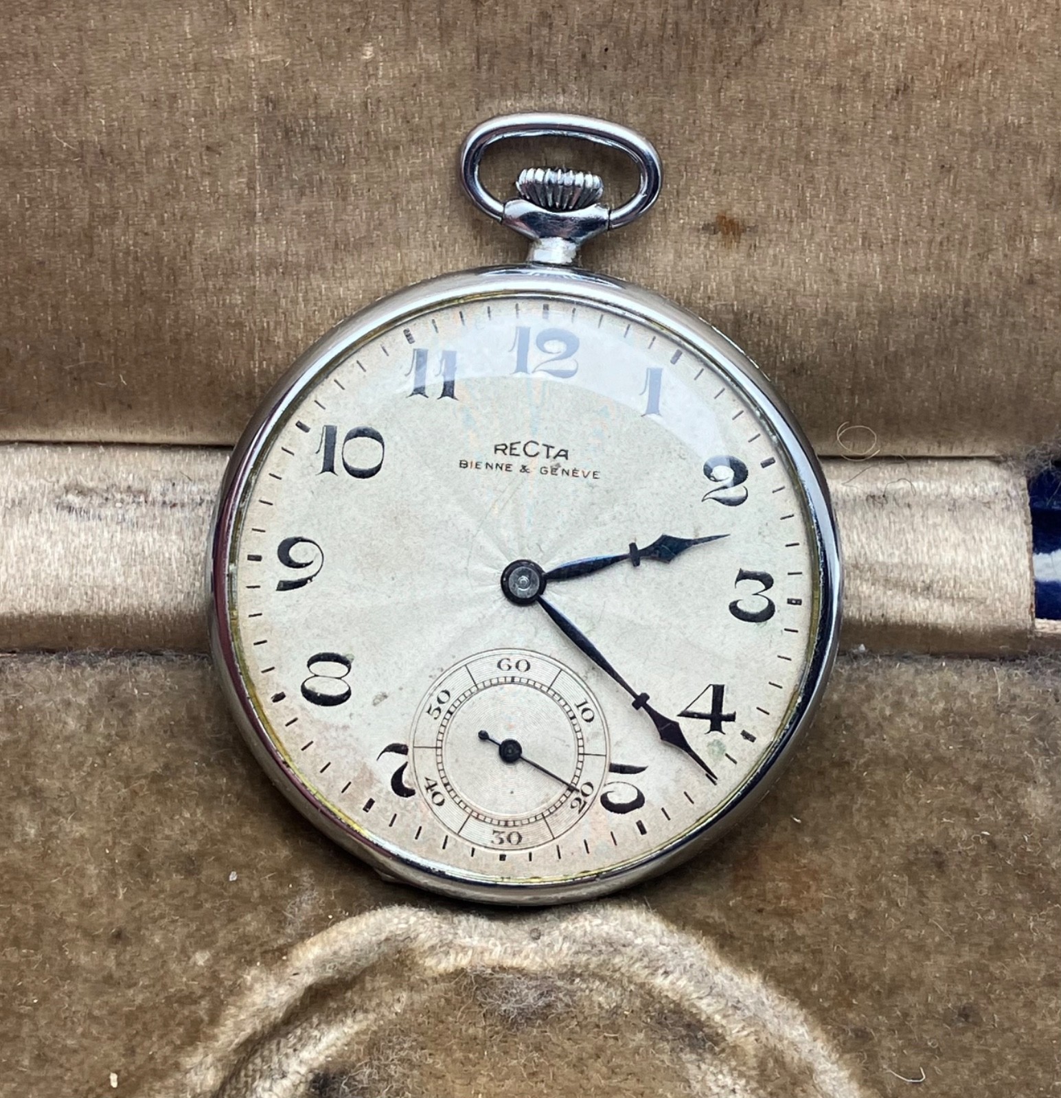 Recta Bienne &Geneve Vintage Pocket Watch BLUE JEWELS ! RARE! Works 23 Hours!
