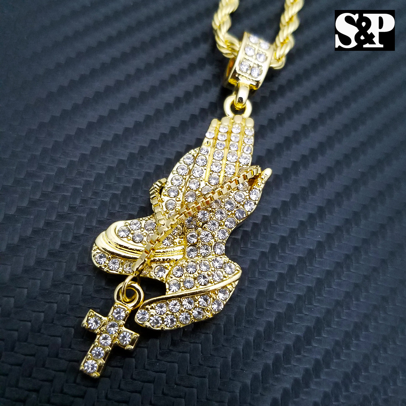 HIP HOP GOLD PLATED ICED PRAYER’S HANDS CZ PENDANT & 24″ ROPE CHAIN NECKLACE