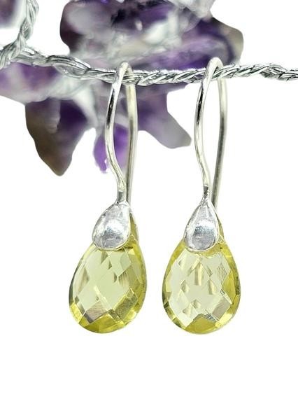 Teardrop Lemon Quartz Earrings, Checkerboard Faceted, Sterling Silver