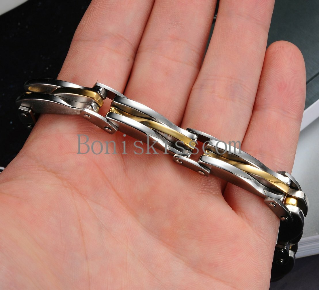Two Tone Stainless Steel Men’s Link Bracelet 8.66 Inch Length Silver Gold Color