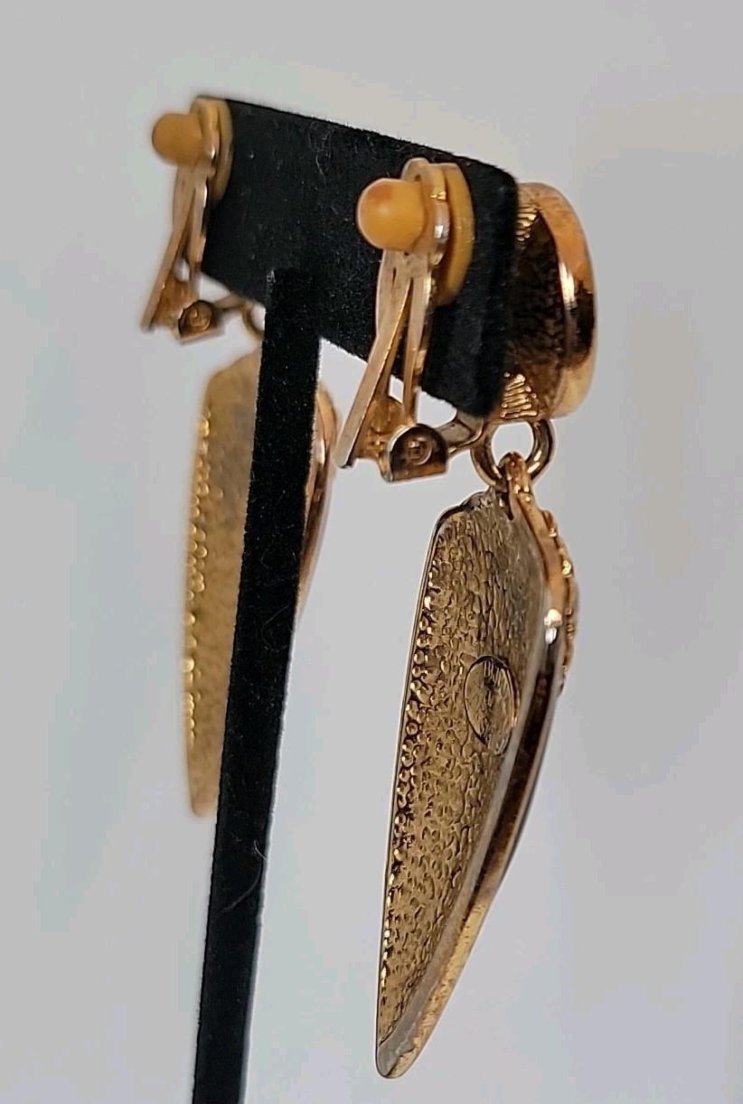 Bijoux Designs NY Signed Black Enamel Rivoli Rhinestones Dangle Clip-on Earrings