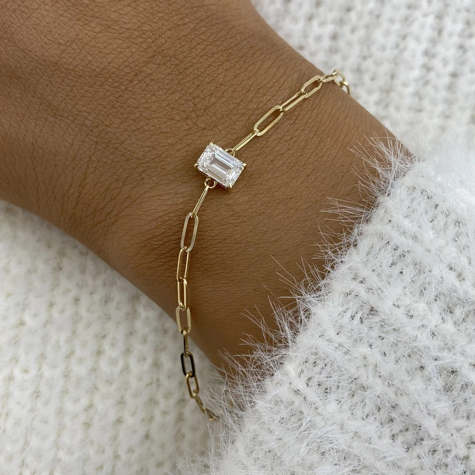 1Ct Emerald Cut Lab Created Diamond Women Chain Bracelet 14K Yellow Gold Plated