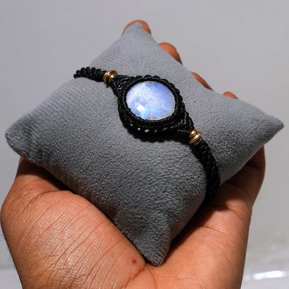Blue Fire Rainbow Moonstone Macramé Bracelet – Handmade Lunar Glow Wrist Jewelry