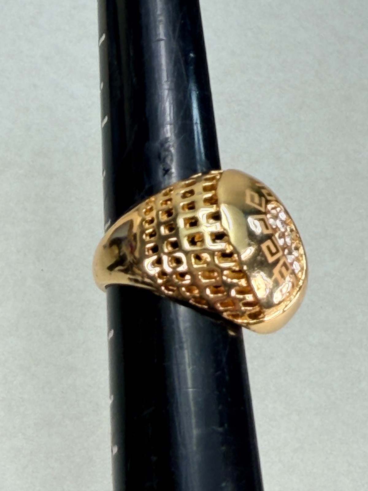 Vintage Gold Tone Greek Key Rhinestone Dome Statement Cocktail Ring