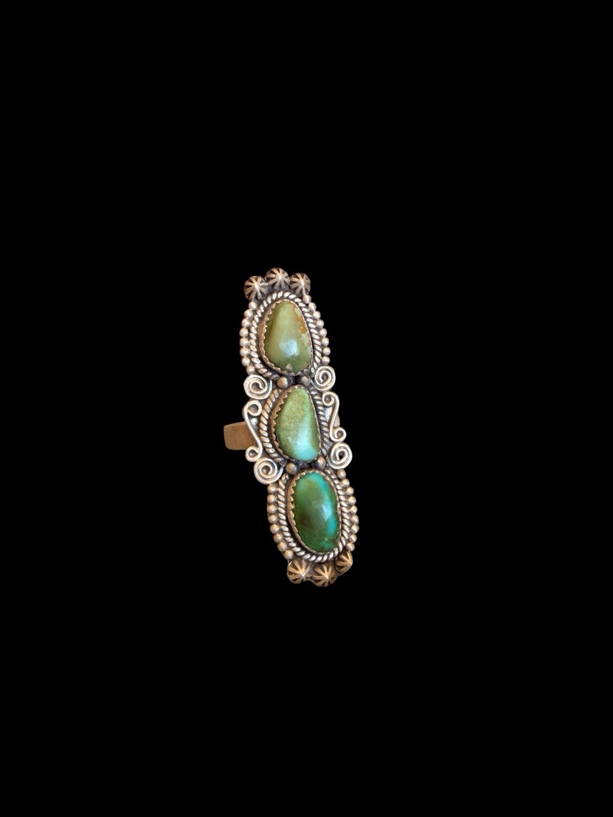 Beautiful Southwest Sterling Silver Triple Green Turquoise Ring See Description