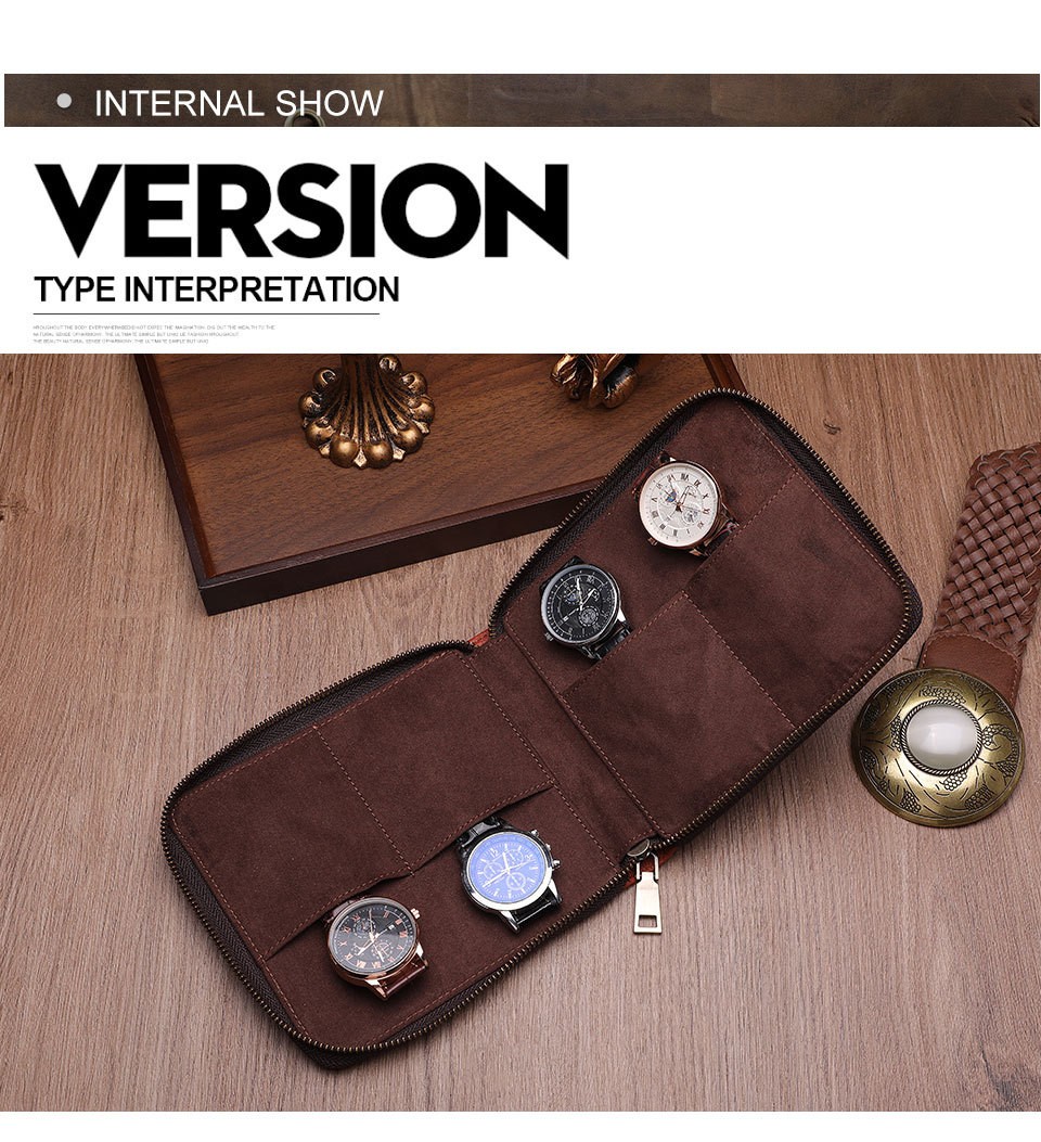 Luxe Brown Cowhide Genuine Leather Watch Organiser Travel Watch Storage Bag Box