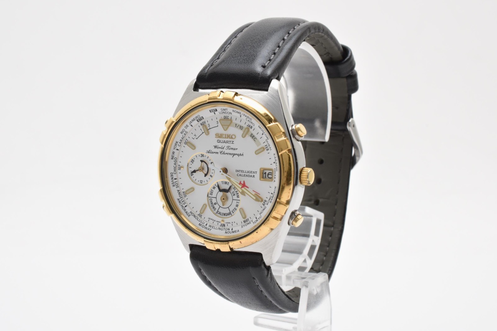 Near MINT Vintage SEIKO World Timer 6M15-0020 39mm Alarm Chrono Qz Men’s Japan