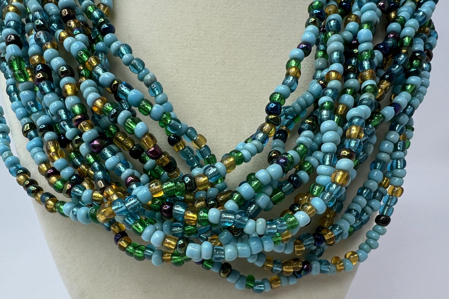 Vintage Lovely 15 Strand Beaded Statement Necklace Blue Green Gold 20″